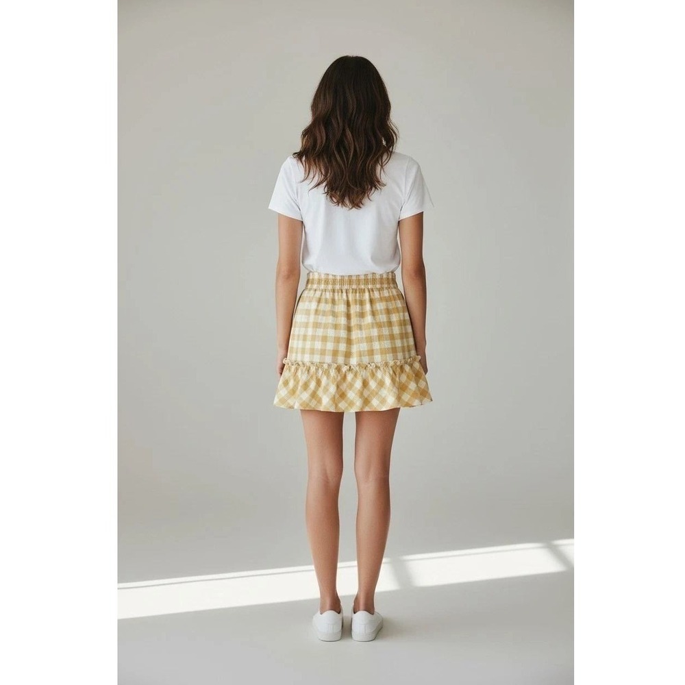 Promesa Brown Gingham Plaid Smocked Tiered Ruffle Mini Skirt Women's Small - Picture 2 of 3